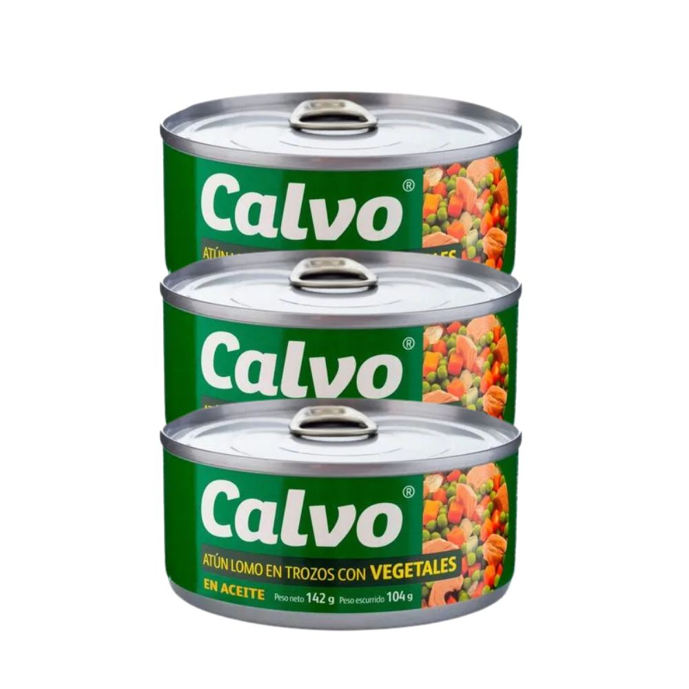 Trio de Atún lomo en trozos con vegetales Calvo. Pide y recibe a domicilio en Boquete.
