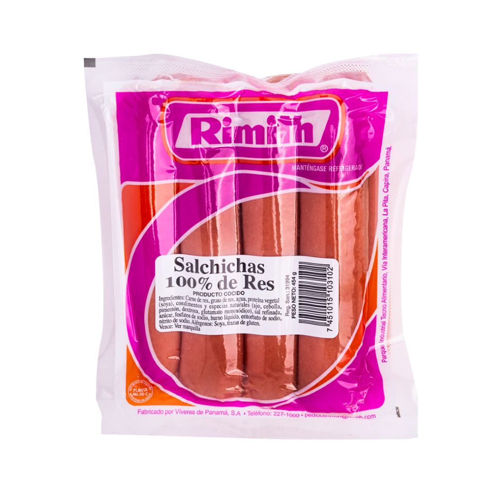 SALCHICHA 100% DE RES 454 GR RIMITH