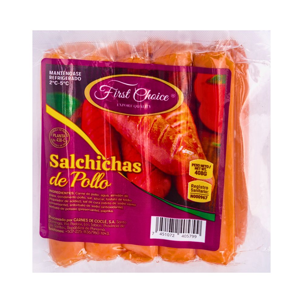 SALCHICHAS DE POLLO 408 GR FIRST CHOICE