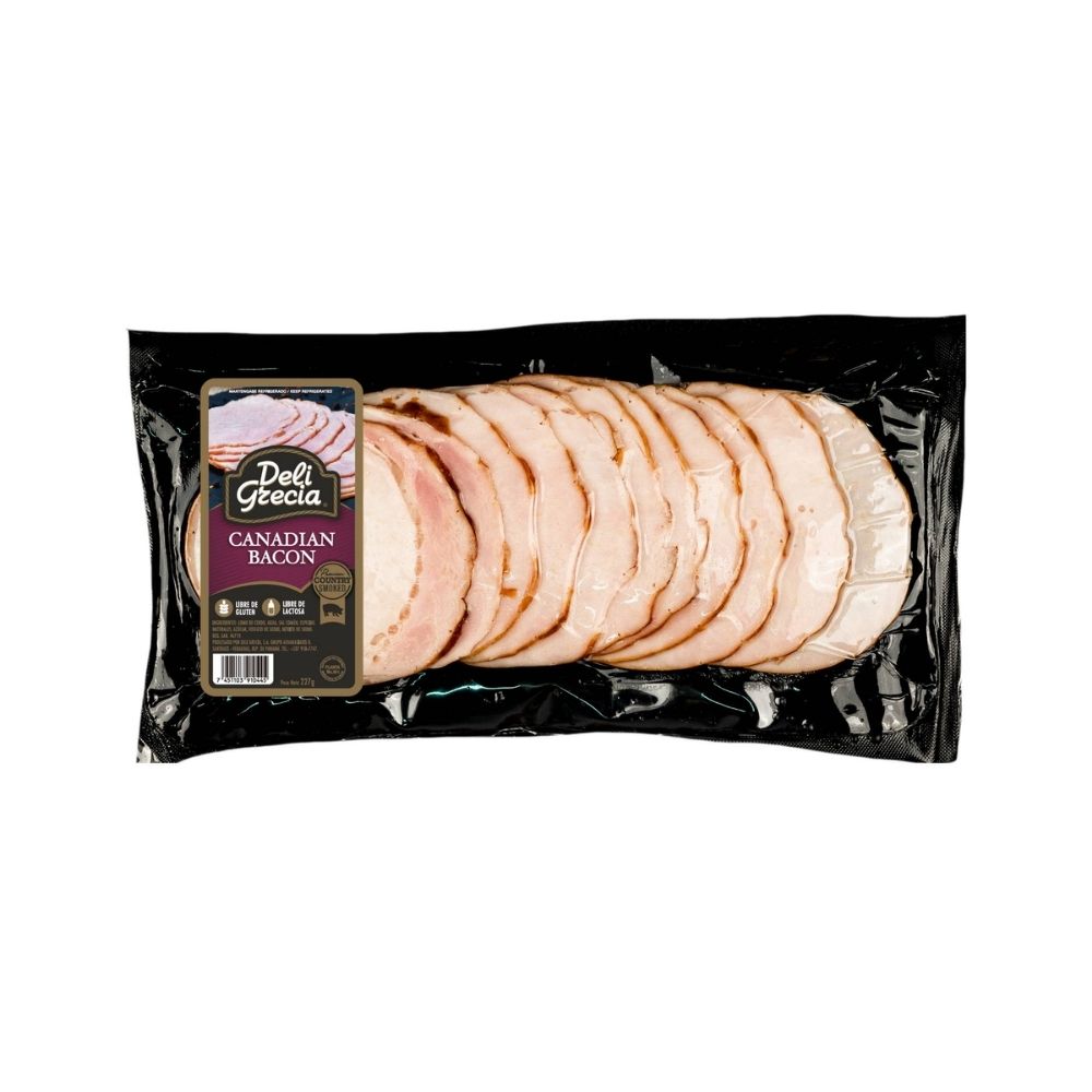 Tocino canadiense Deli Grecia 227g, listo para entrega express en Boquete y David .