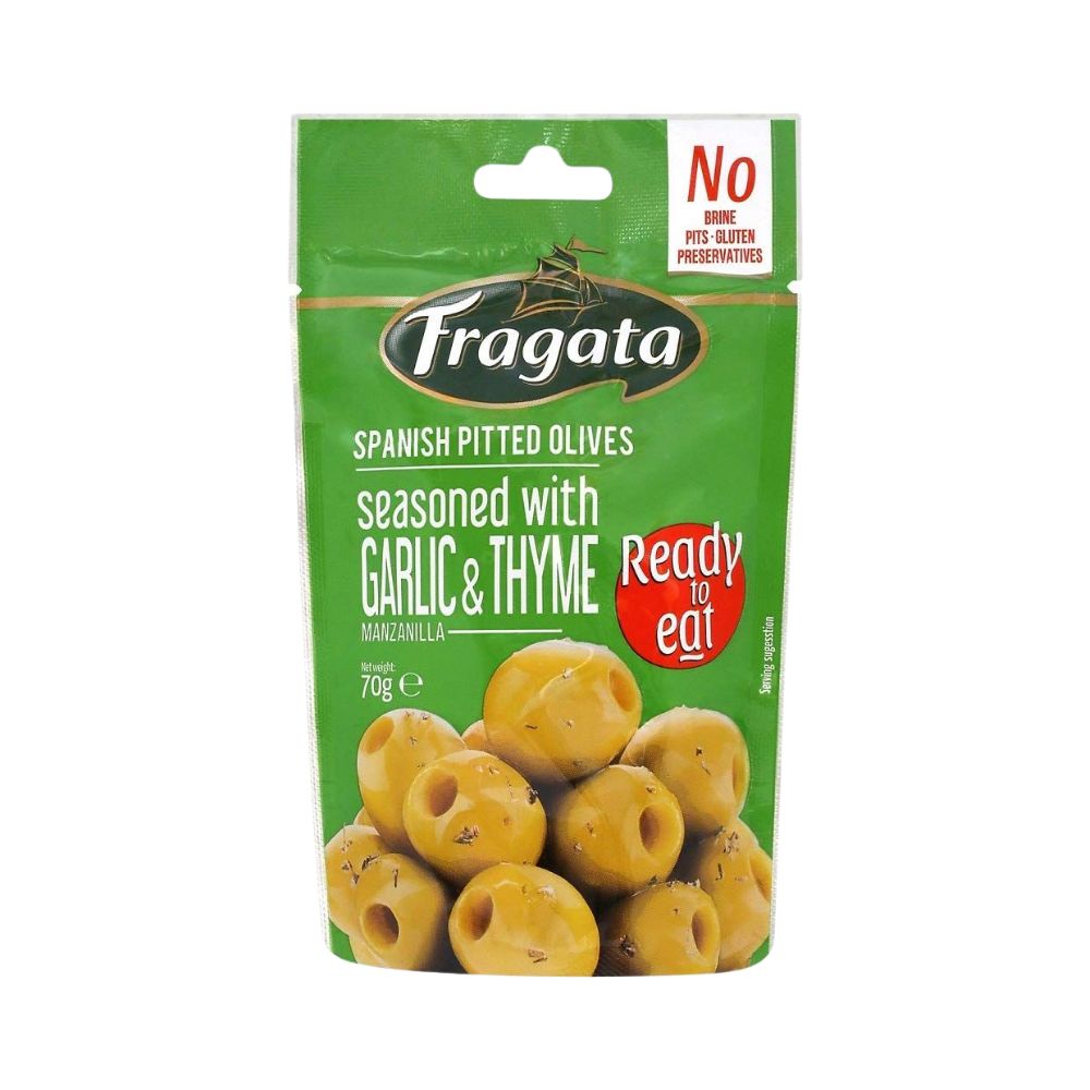 ACEITUNAS VERDES DESHUSADAS CON AJO 70G FRAGATA