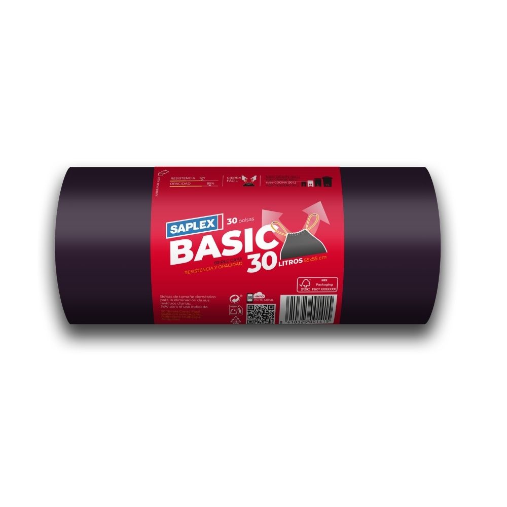 BOLSAS DE BASURA NEGRAS BASIC CON CIERRE FACIL Y TRIPLE CAPA 30 L / 30 UN SAPLEX