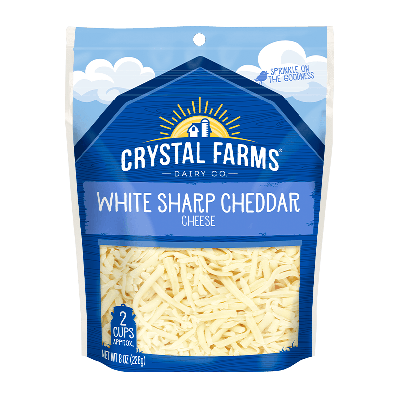 SHREDDED WHITE SHARP CHEDDAR CHEESE 8 OZ CRYSTAL FARMS