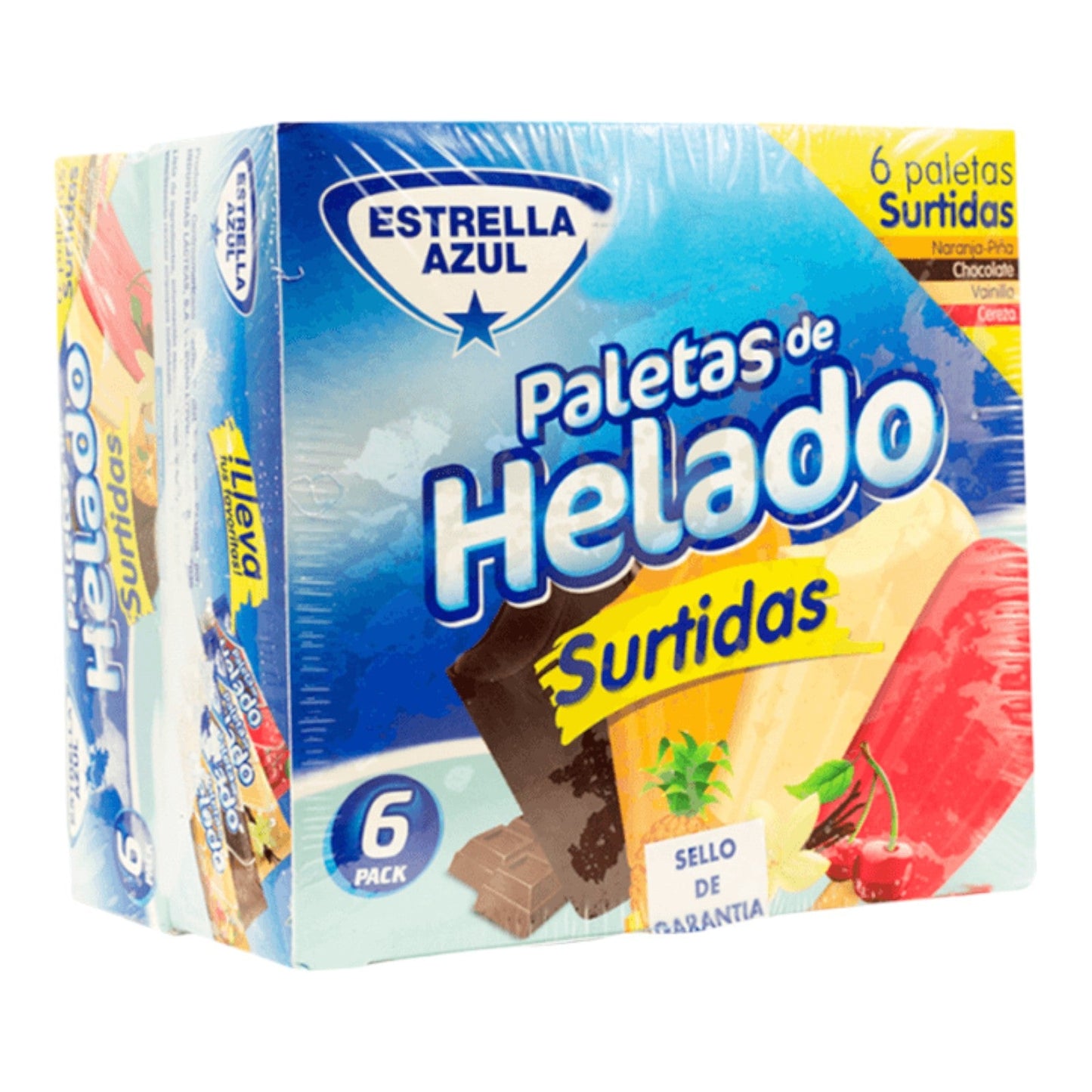 PALETA DE HELADO SURTIDO CON SABOR A NARANJA PIÑA, CHOCOLATE, VAINILLA Y CEREZA 88 GR ESTRELLA AZUL