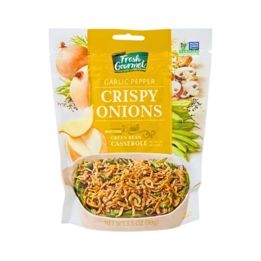 CRISPY ONIONS GARLIC PEPPER 3.5 OZ FRESH GOURMET