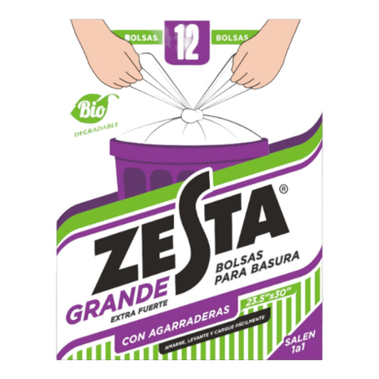 BOLSAS GRANDES PARA BASURA EXTRA RESISTENTES CON AGARRADERAS DE 23.5X30 12 UN ZESTA