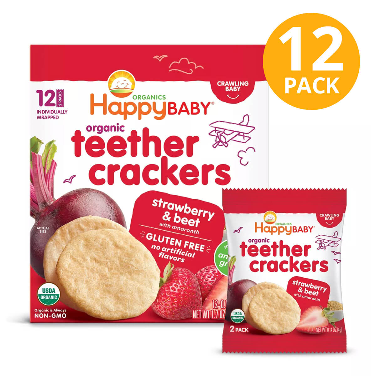 ORG.TEETHER CRACKERS STRAWBERRY & BEET 1.7 OZ HAPPY BABY
