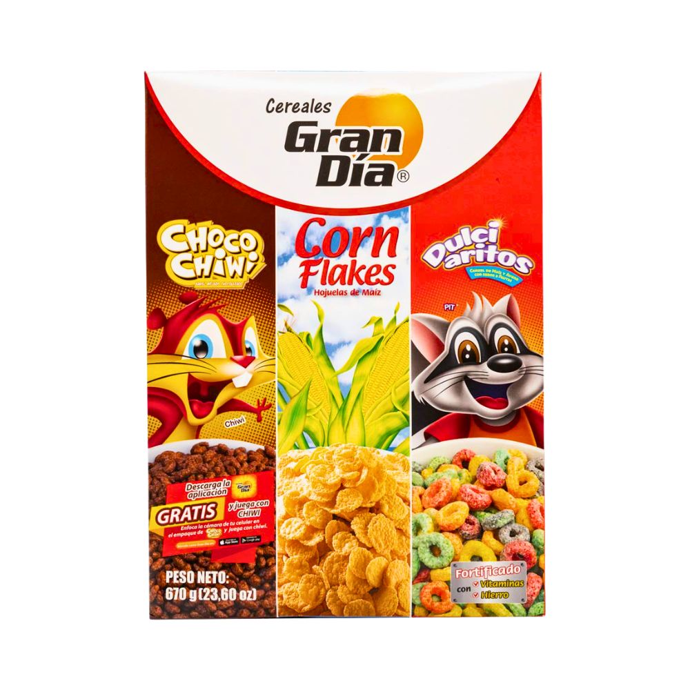 CORN FLAKES CHOCO, CHIWI & DULCIARITOS 670GR GRAN DIA