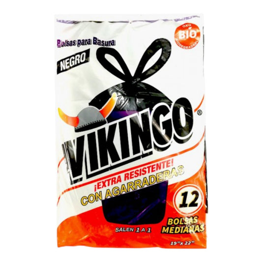 BOLSA NEGRA PARA BASURA EXTRA RESISTENTE CON AGARRADERAS MEDIANAS (19" X22") 12 UN  VIKINGO