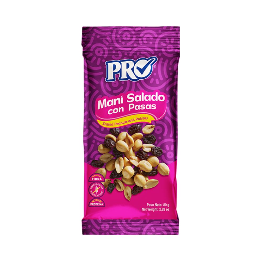 MANI SALADO CON PASAS 80 GR PRO SNACKS– Super Barú Online