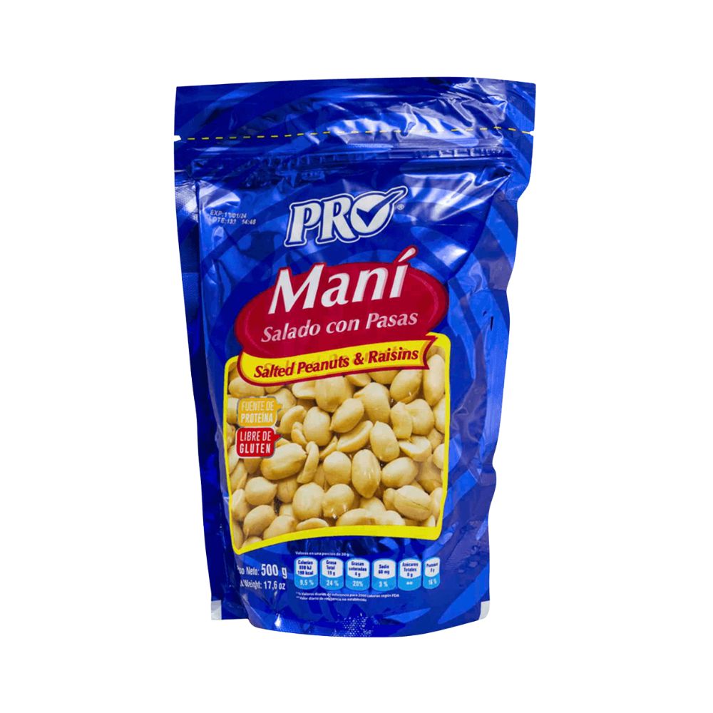 MANI SALADO CON PASAS 500GR PRO