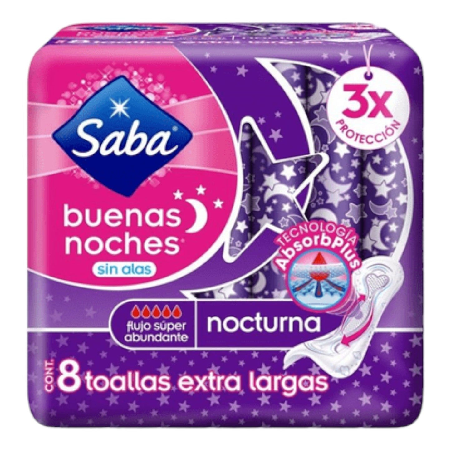 TOALLAS SANITARIAS NOCTURNAS SIN ALAS FLUJO SUPER ABUNDANTE  8 UN SABA