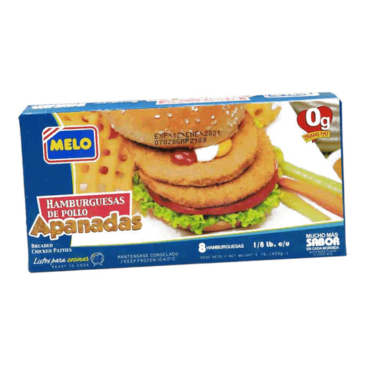 CARNE DE HAMBURGUESA DE POLLO APANADA 454 GR MELO