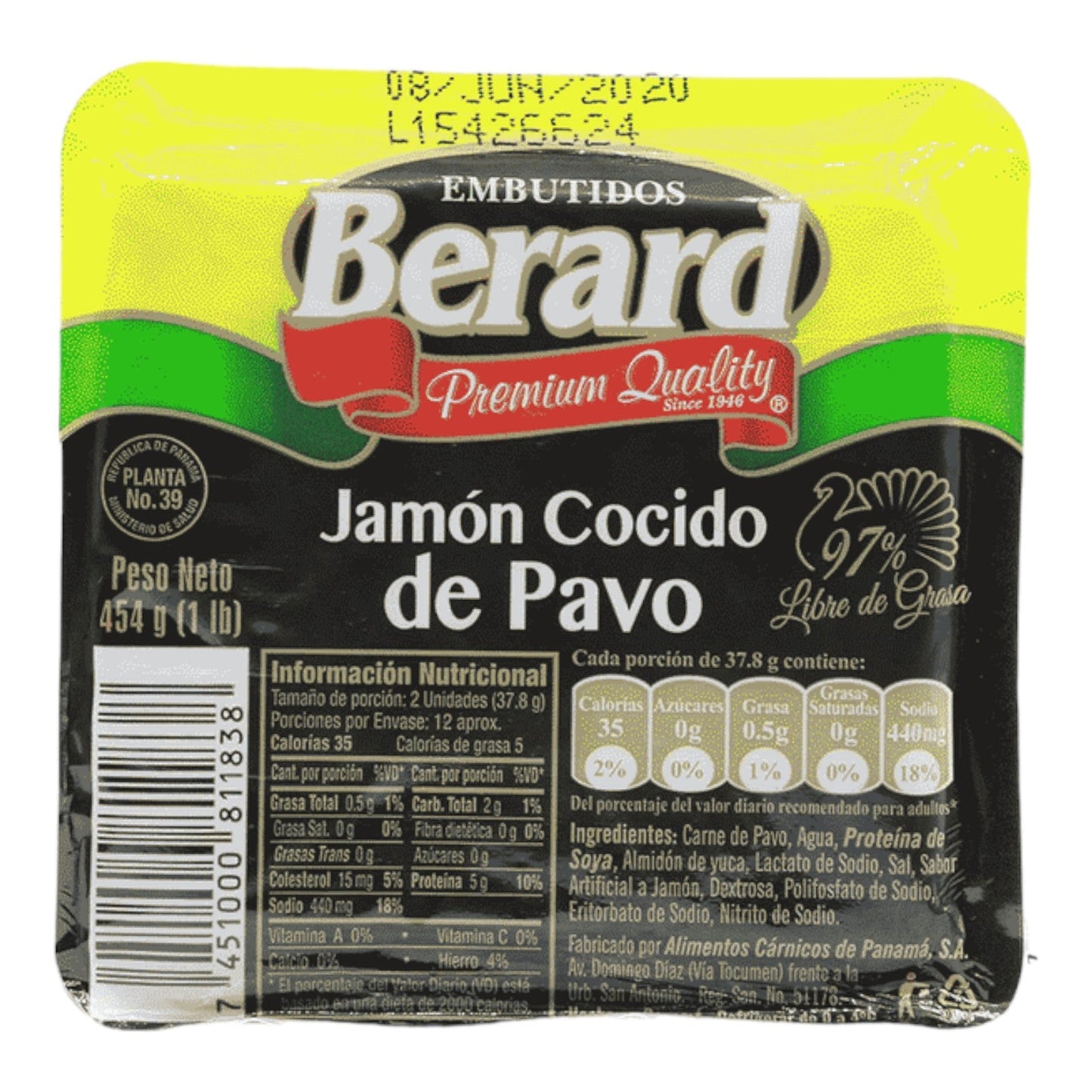 JAMON COCIDO PAVO REBANADO 454 GR BERARD