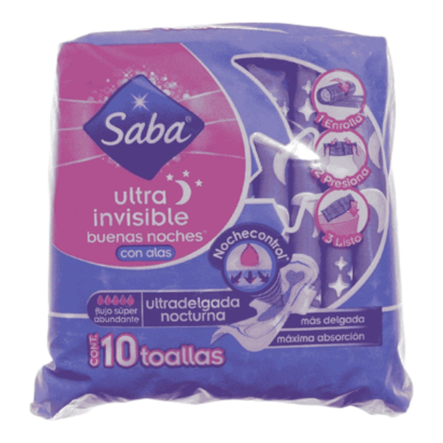 TOALLA SANITARIAS NOCTURNAS ULTRA INVISIBLES EXTRA LARGAS CON ALAS 10 UN  SABA