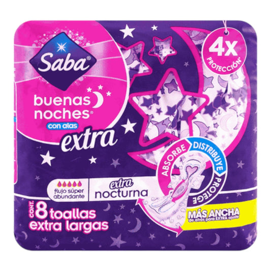 TOALLAS SANITARIAS NOCTURNAS EXTRA LARGAS CON ALAS 8 UN SABA