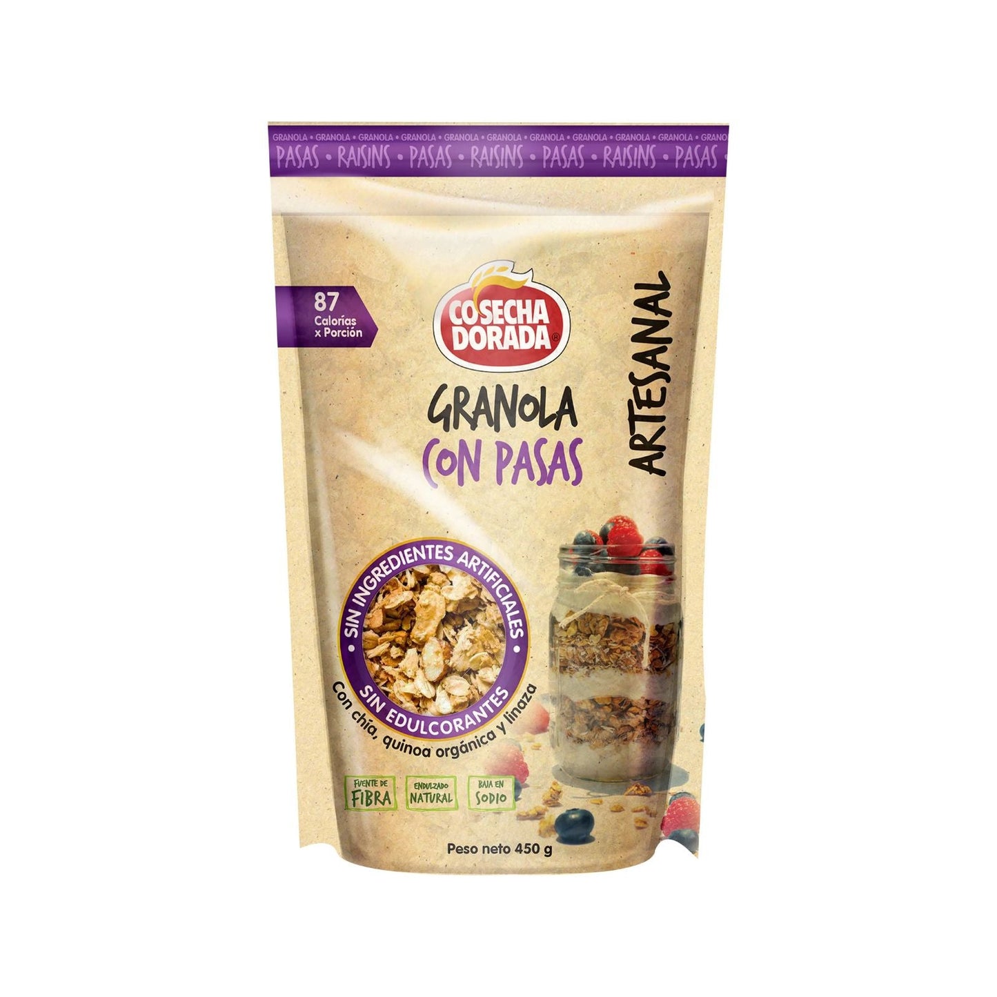 GRANOLA ARTESANAL CON PASAS 450 GR COSECHA DORADA