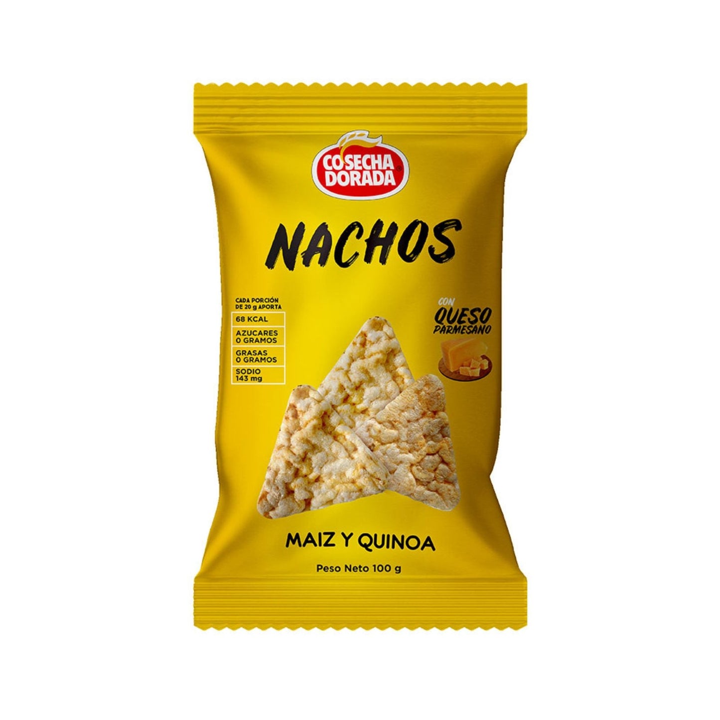 NACHOS DE MAIZ Y QUINOA CON QUESO PARMESANO 100 GR COSECHA DORADA